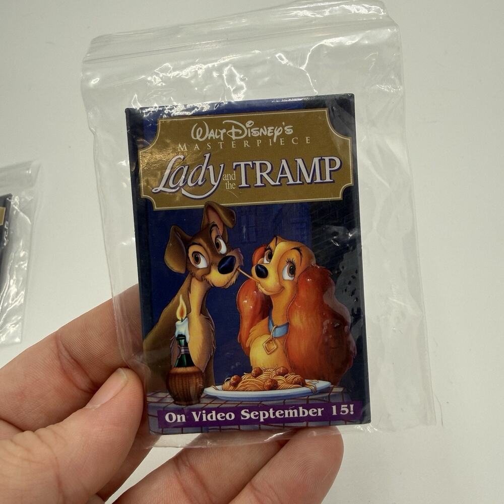 Vintage Disney Lady and the Tramp Promo Pin Button On Video Sept 15